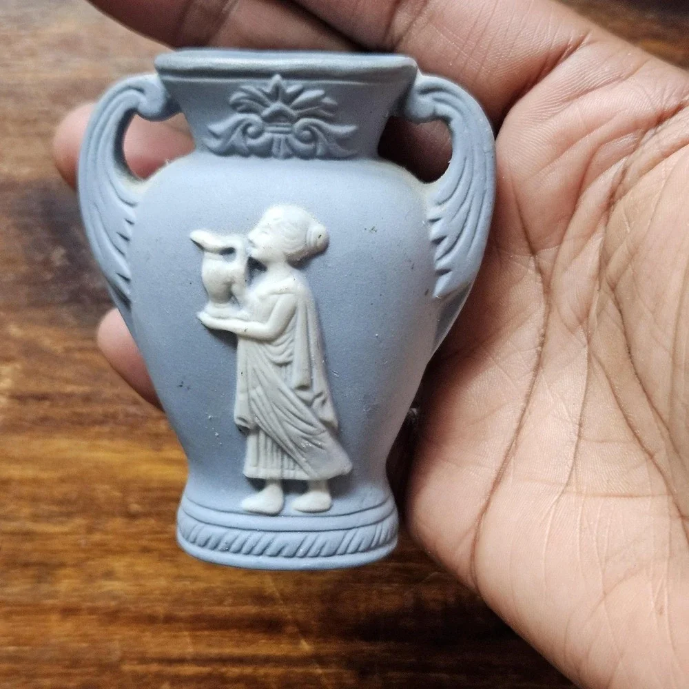 Vintage Blue Jasperware Style Miniature Bud Vase Greek Goddess‎ Japan 3.25